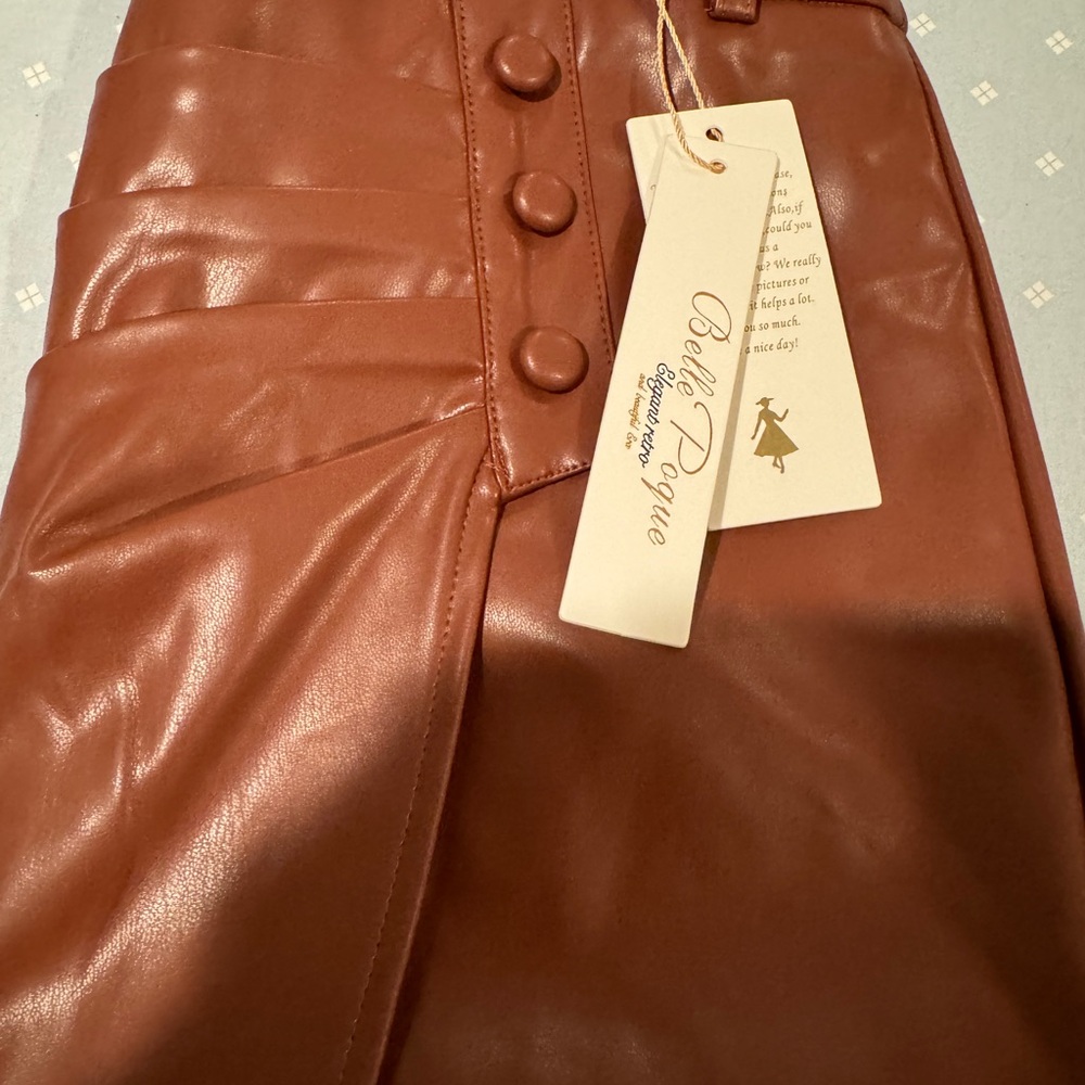 Women’s Brown Faux Leather Midi Pencil Skirt with Front Slit - Picture 3 of 6